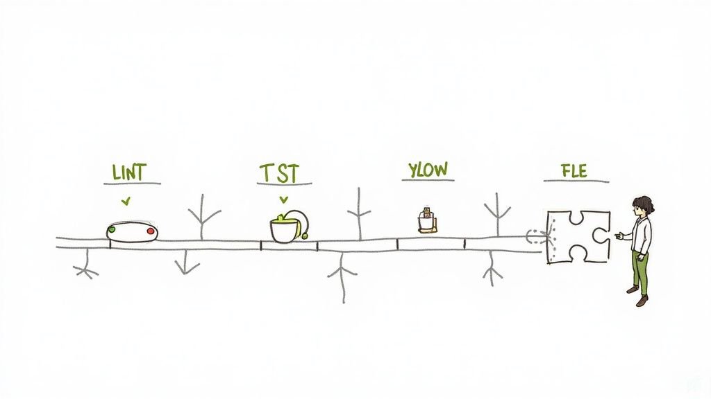 Conveyor belt workflow diagram showing lint, test, YLOW, and FLE stages with developer at end