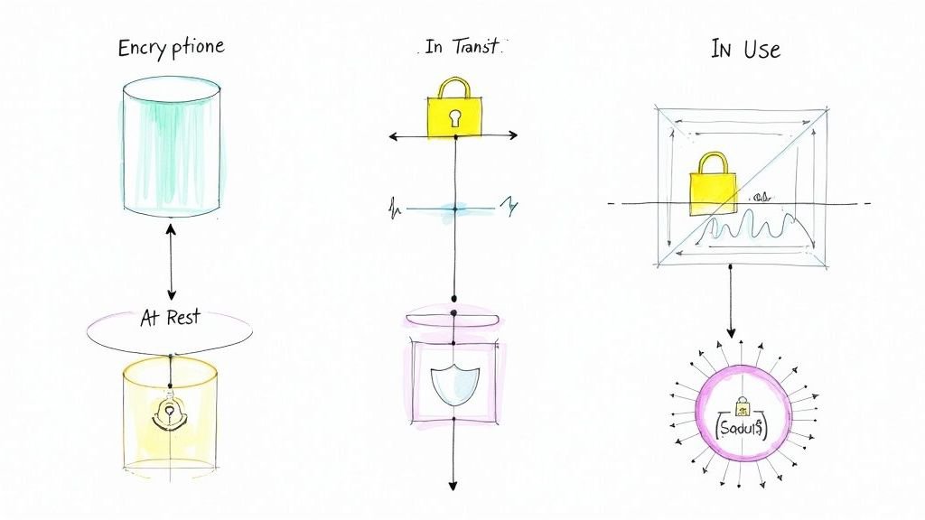 Diagram illustrating data encryption states: at rest, in transit, and in use for robust data protection.
