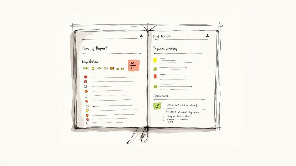 A hand-drawn open notebook with a &lsquo;Finding Report&rsquo; on the left page and &lsquo;Fne Action&rsquo; on the right, featuring colorful status indicators and notes.