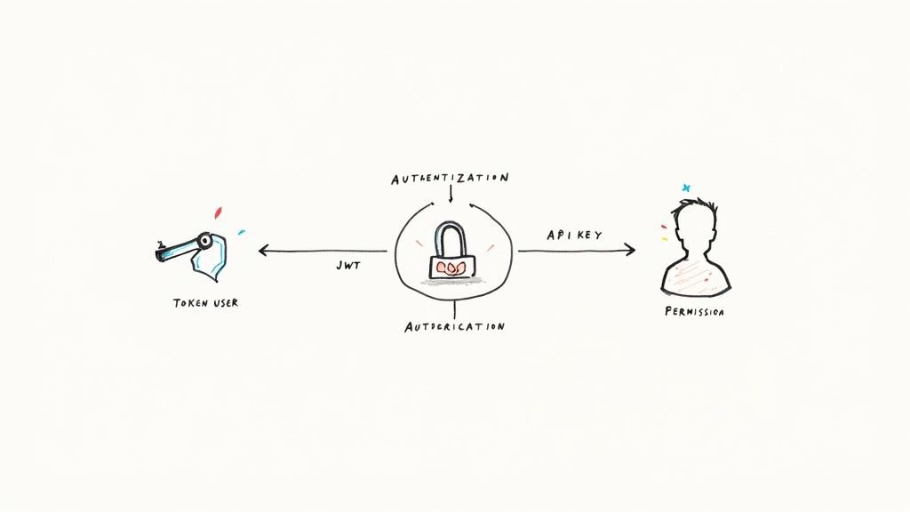 A diagram illustrates API key and JWT authentication and authorization flow for user permissions.
