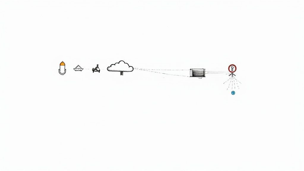 Hand-drawn diagram depicting a data or event flow, from input to cloud processing and a financial outcome.