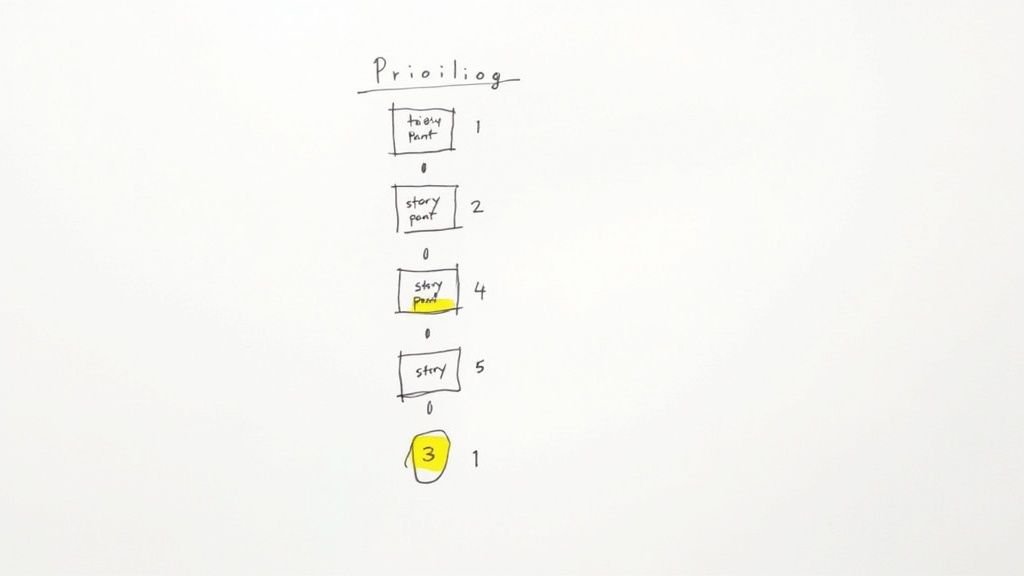 A handwritten diagram titled &lsquo;Prioiliog&rsquo; displaying a numbered list of &lsquo;story point&rsquo; items, some highlighted.