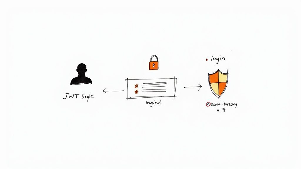 Diagram illustrating a JWT authentication flow with a user, an ‘ingind’ component, and a login shield.