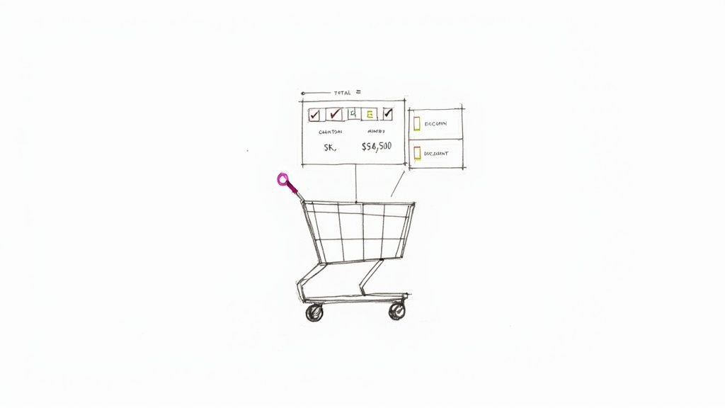 Hand-drawn shopping cart connected to a conceptual user interface displaying total amount and selection options.