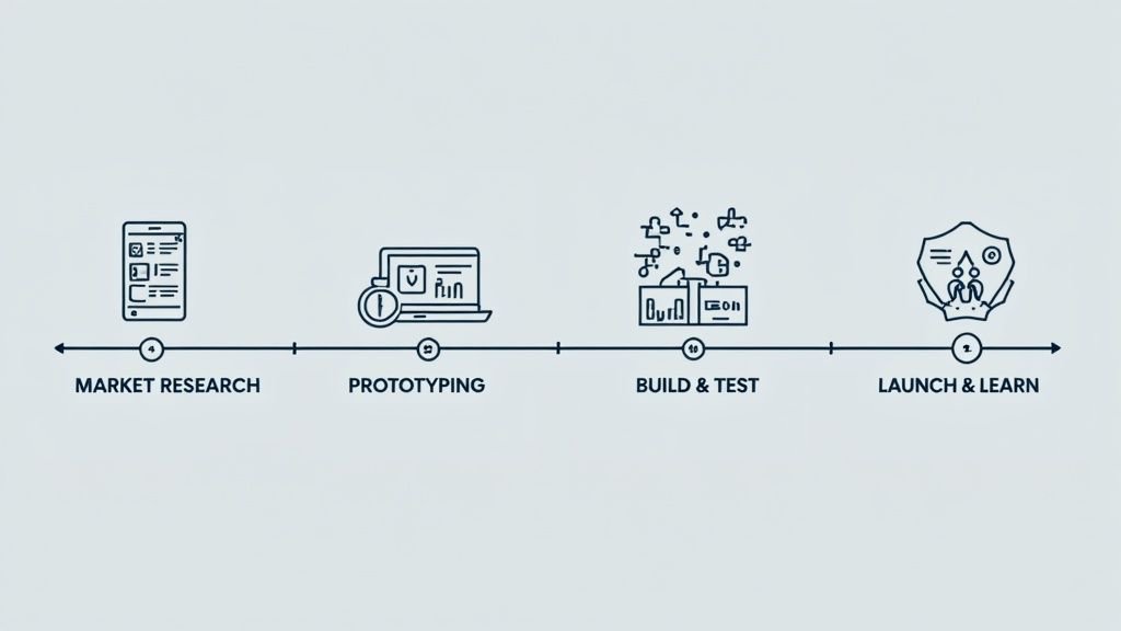 A roadmap or journey map with icons representing different stages of MVP development.