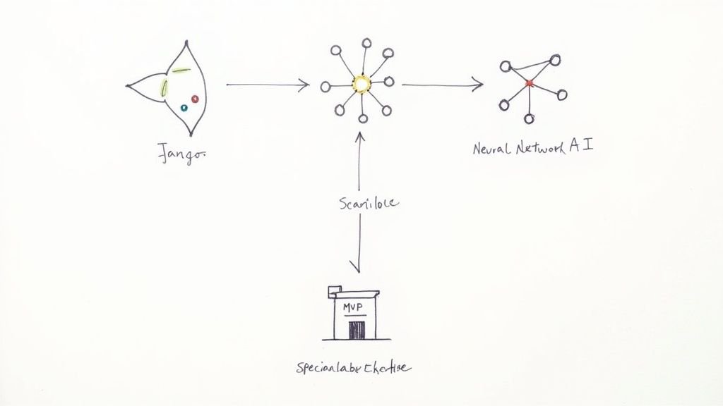Diagram showing AI workflow from Jango through Scantilobe to specialized expertise and neural network