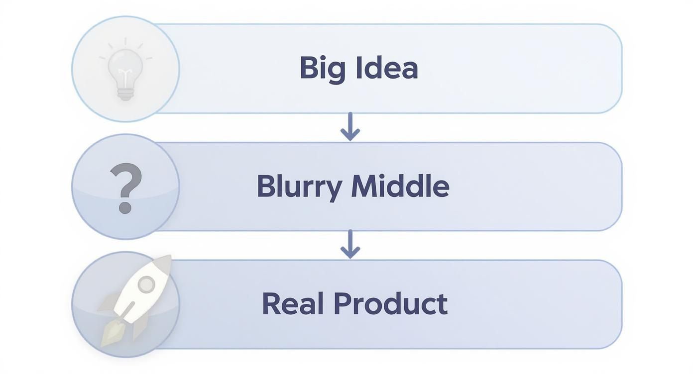 Three-stage product development diagram showing progression from big idea through blurry middle to real product launch