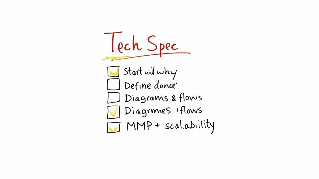A handwritten checklist titled ‘Tech Spec’ with items like ‘start with why’ and ‘MMP + scalability’.
