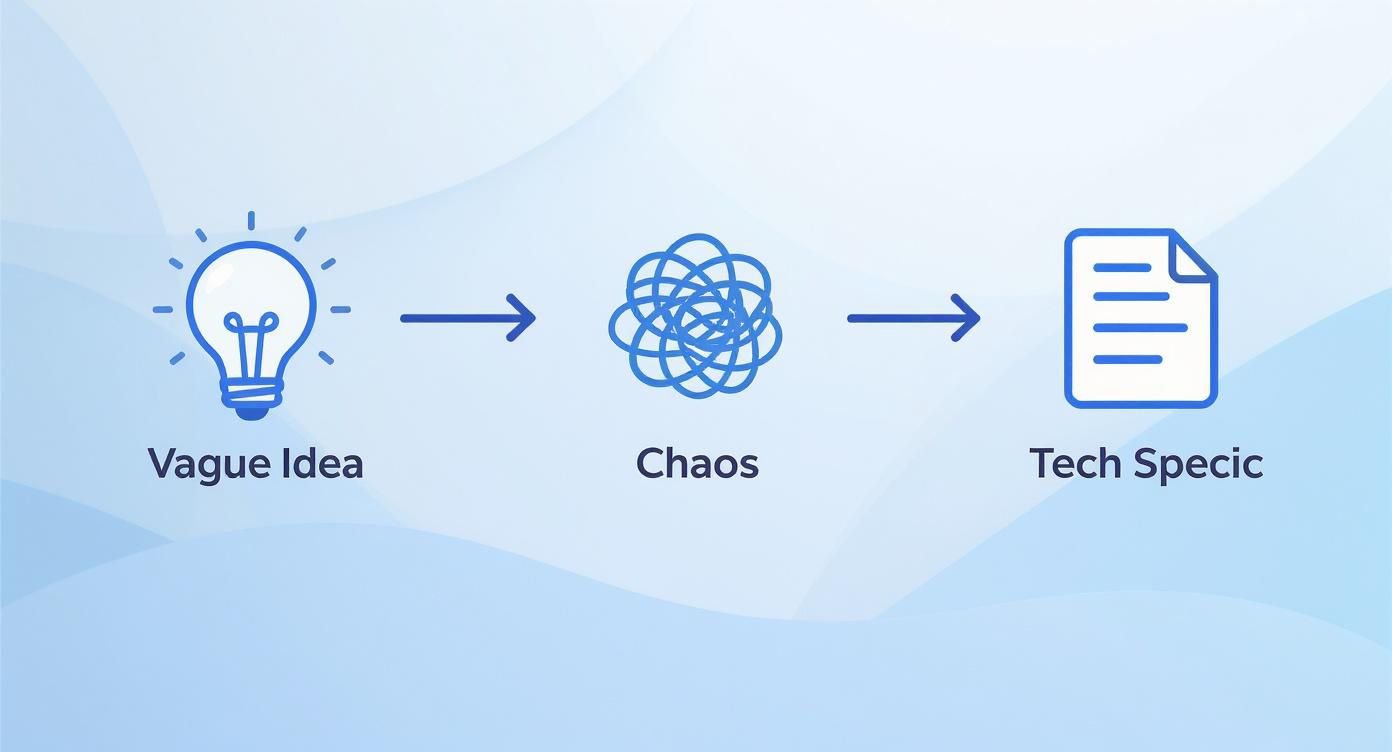A process diagram showing a vague idea transforming through chaos into a detailed technical specification document.