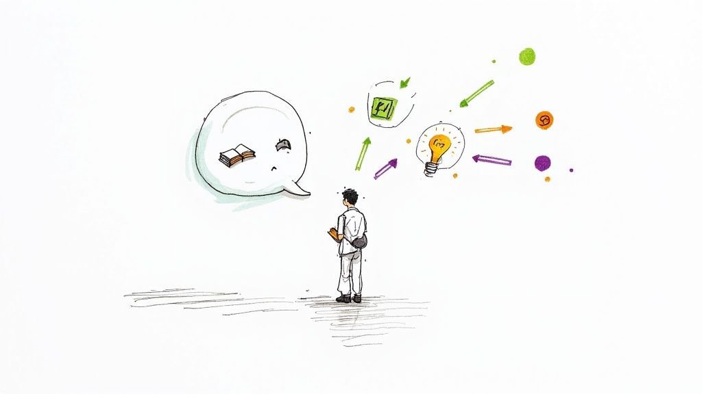 A person stands, facing a thought bubble with a book and other bubbles with ideas and arrows.