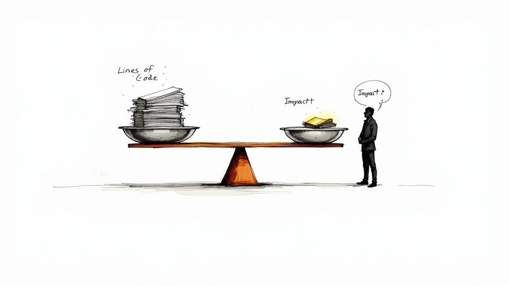 A balance scale weighing many ‘Lines of Code’ against a smaller, glowing ‘Impact’.