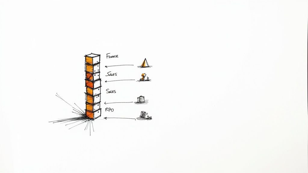 Conceptual diagram illustrating stacked blocks connected to business functions like Finance, Sales, and RPO with icons.