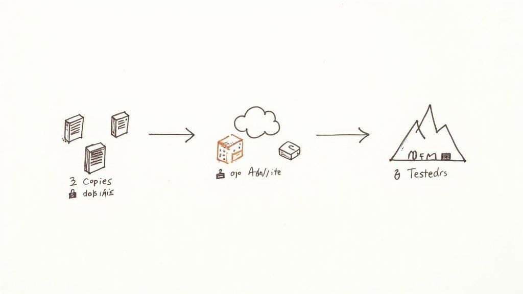 Diagram showing a process from secured document copies to cloud storage, then to a secure mountain recovery site.