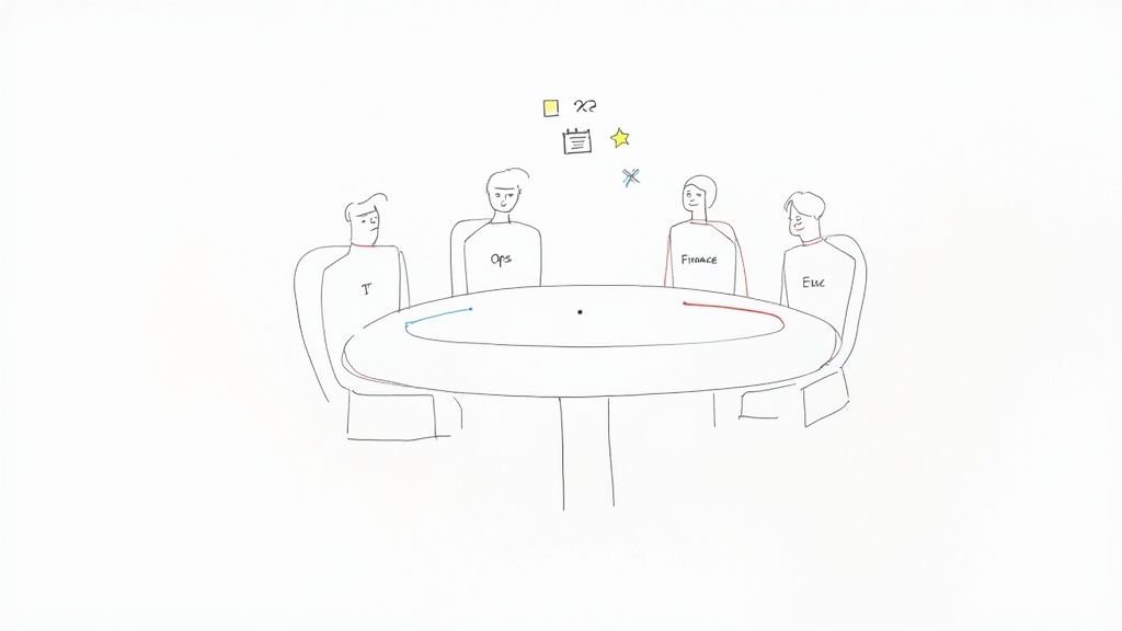 Sketch of IT, Ops, Finance, and Exec collaborating around a table with process flow and planning icons.