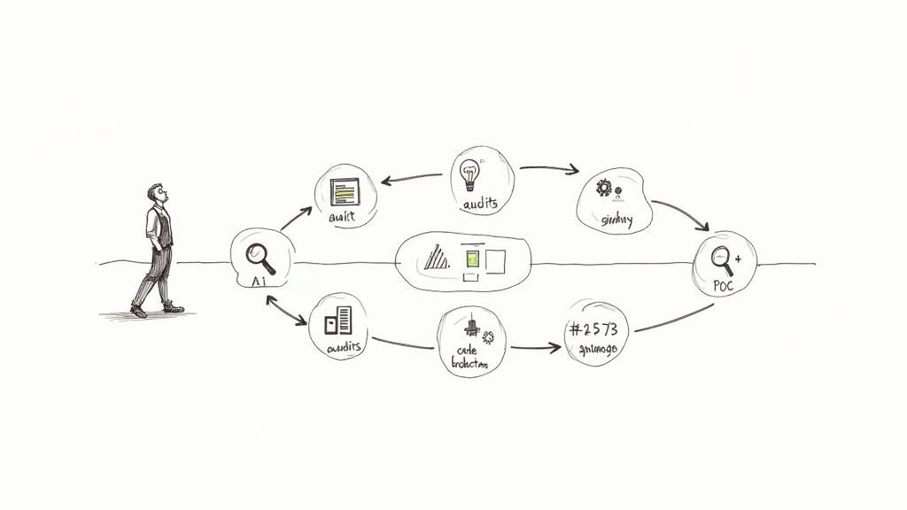 A person at a desk with a roadmap and blueprints, illustrating strategic planning and tangible deliverables.