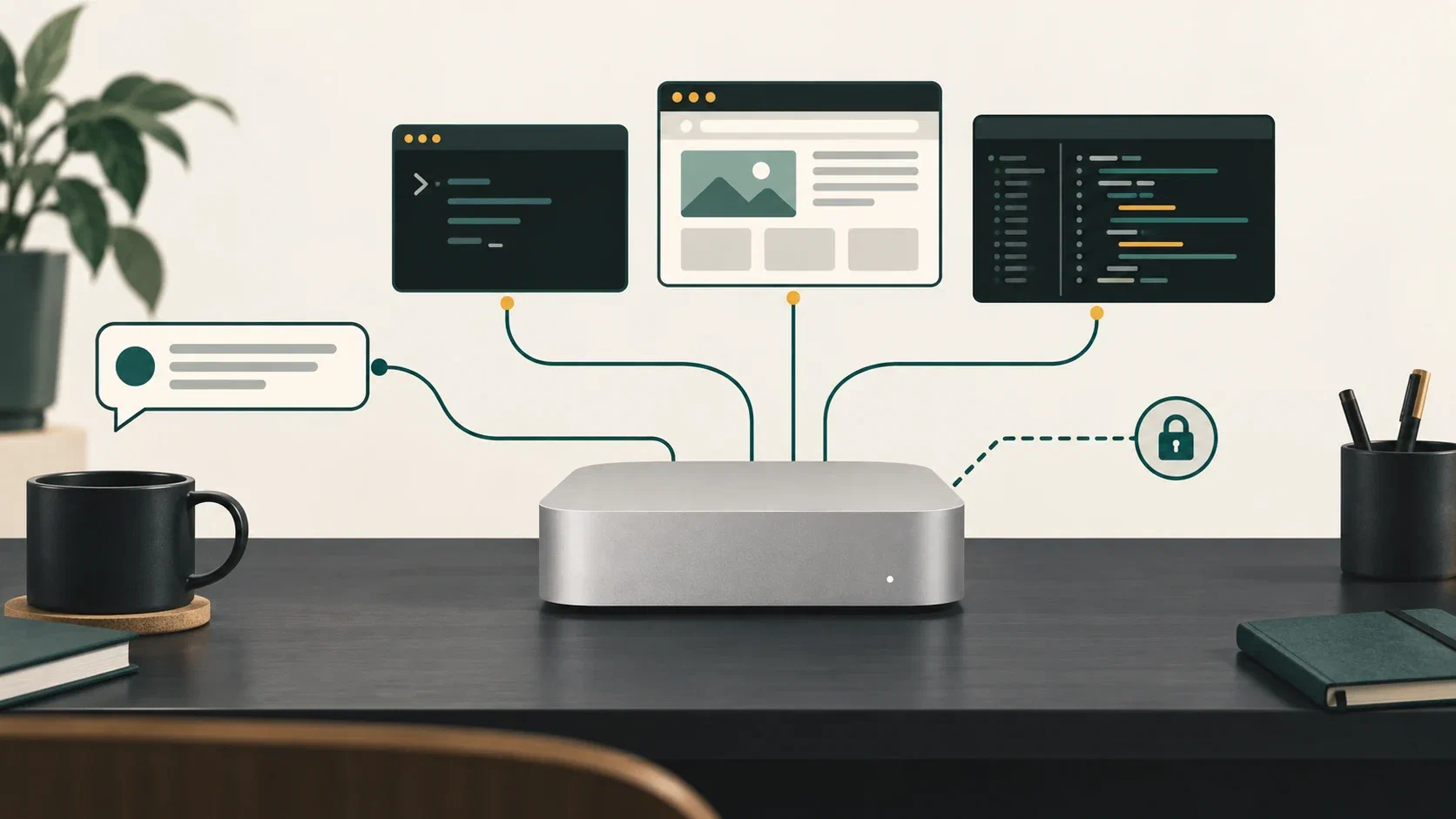 A Mac mini routing a chat message to browser, terminal, and code windows, with a lock marking the credential boundary
