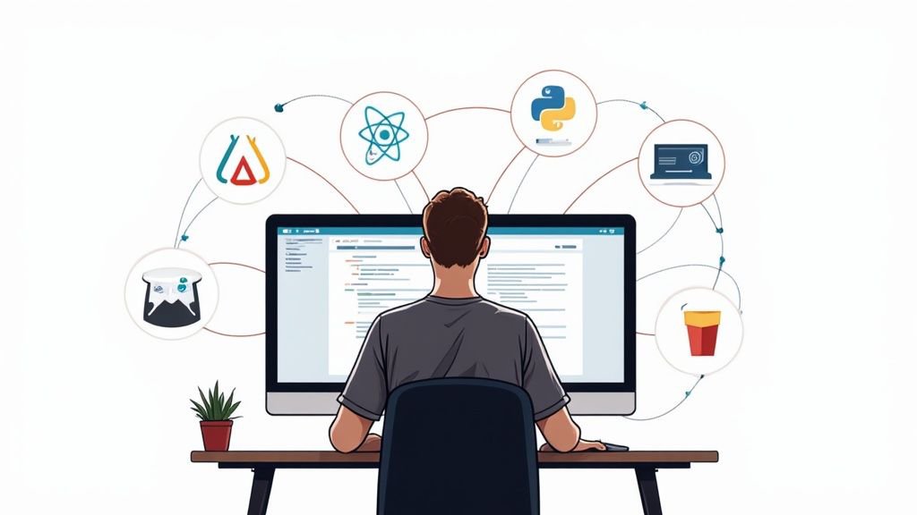 A developer looking at a complex flowchart representing different technology choices.