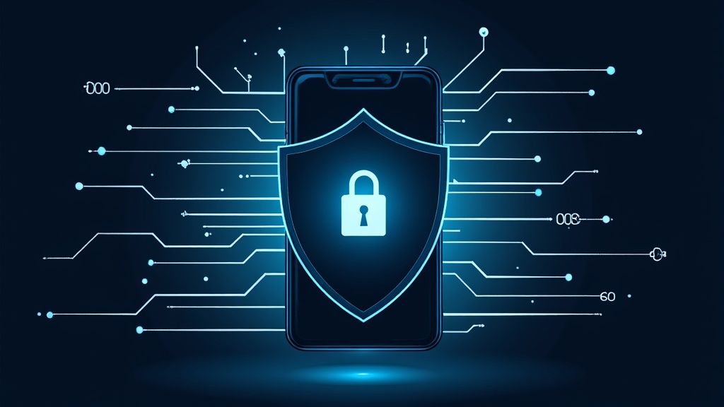 A digital illustration of a shield and a key protecting a vault, symbolizing security and compliance in fintech.