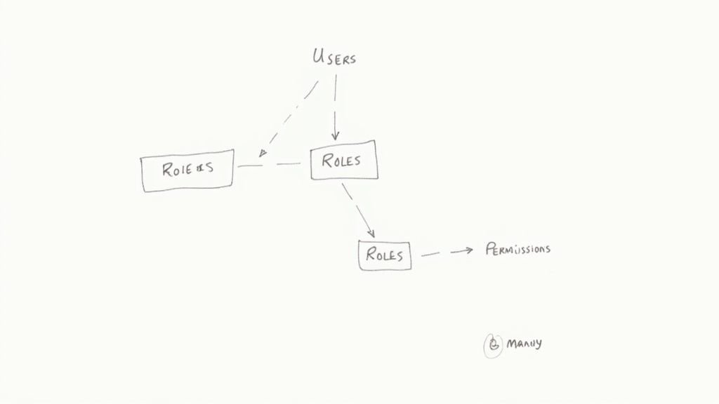 Hand-drawn diagram illustrating a simplified Role-Based Access Control (RBAC) system with Users, Roles, and Permissions.