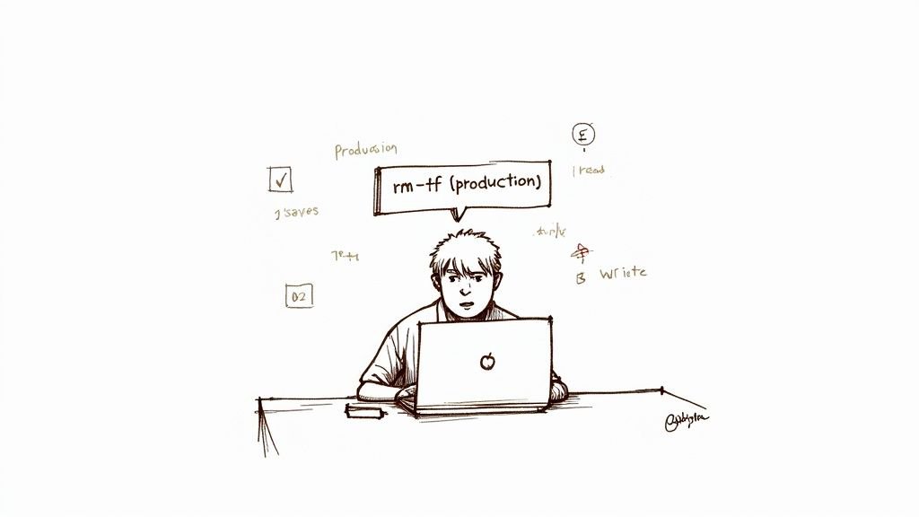 Sketch of a developer contemplating &lsquo;rm -tf (production)&rsquo; on a laptop at a desk.