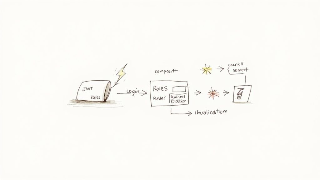 Diagram illustrating a JWT-based access control system with login, roles resolution, and token invalidation.