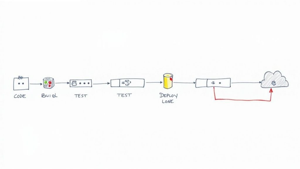 A hand drawn diagram illustrating a continuous delivery pipeline, showing stages from code to cloud deployment.