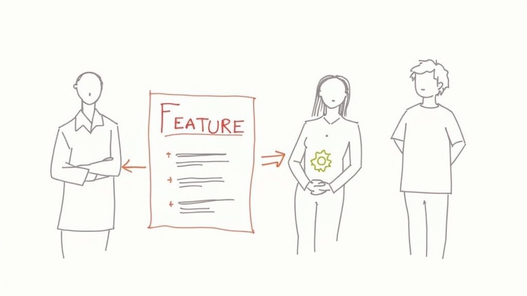 Illustrative diagram showing a feature development process from definition to user experience, with three figures.