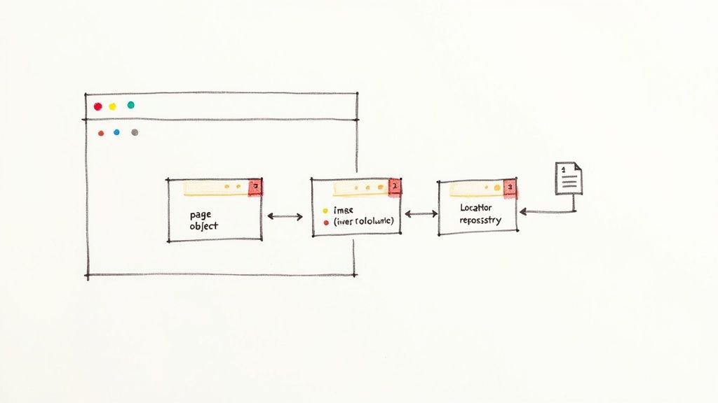 Diagram showing a web automation architecture with page objects, element locators, and a locator repository.