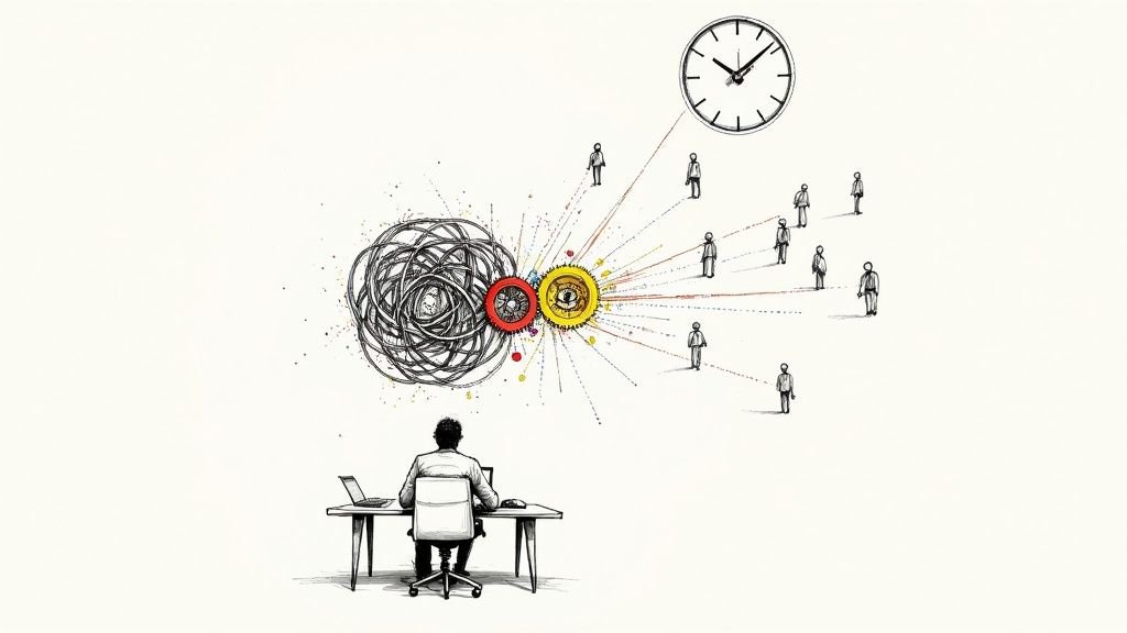 Person at desk managing complex workflow processes with interconnected team members and time management