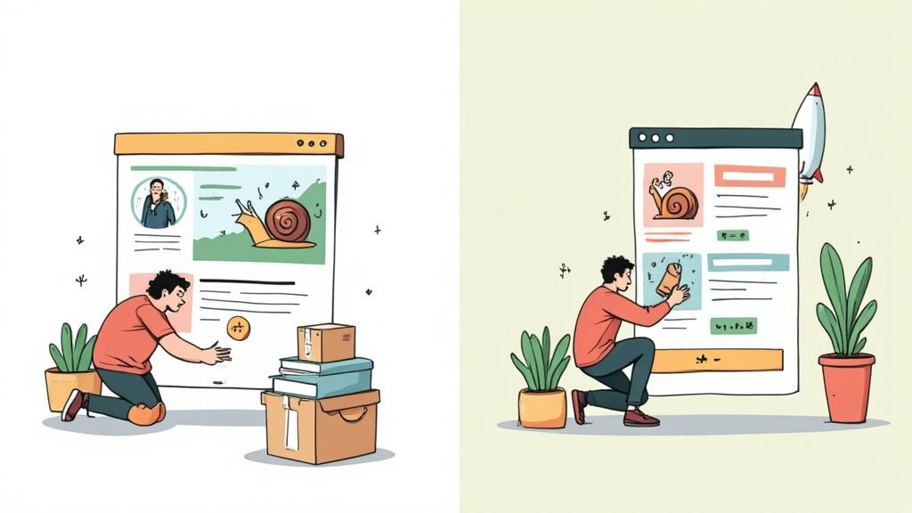 Illustration of a rocket launching from a laptop screen, symbolizing speed and growth.