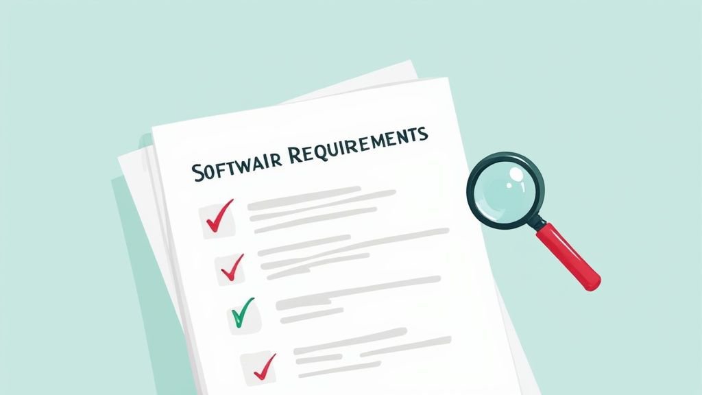 A developer looking frustrated at a computer screen showing confusing code and requirement documents.