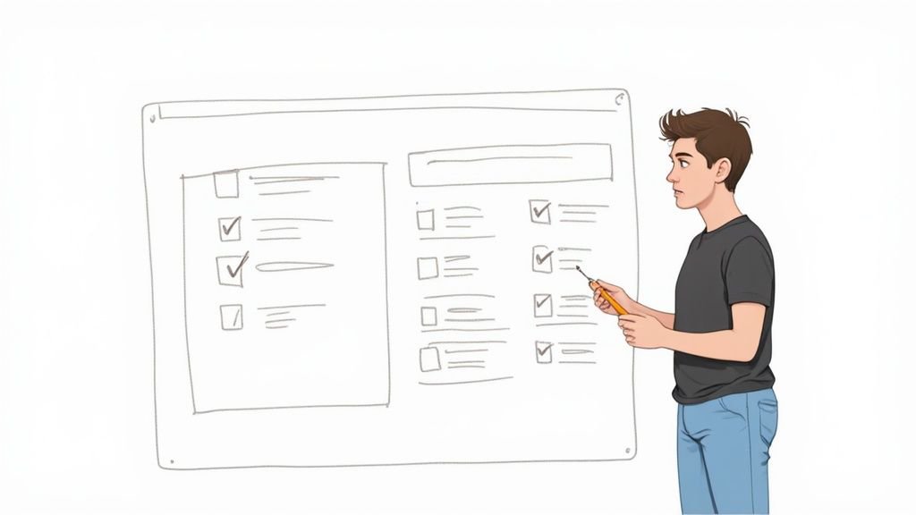 A person sketching a user interface on a whiteboard, showing the process of dynamic testing through prototyping.