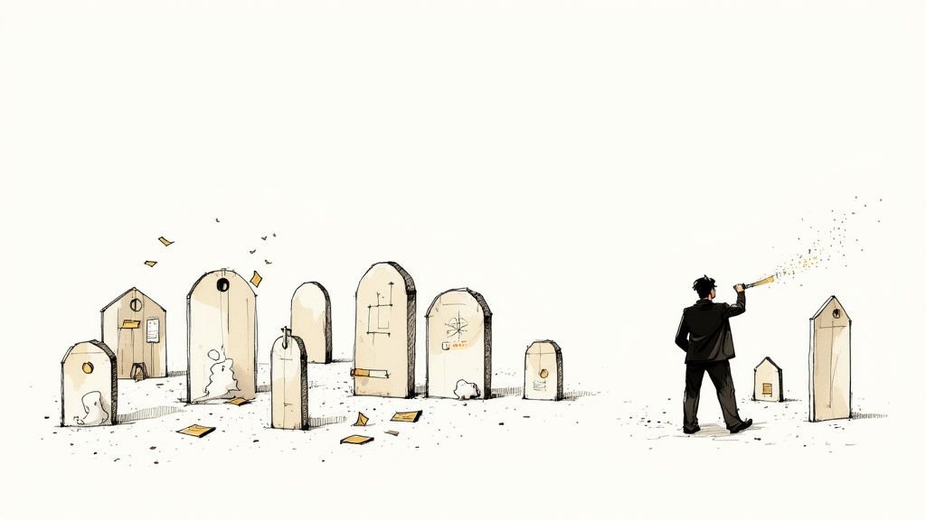 A man in a suit with a glowing wand examines various conceptual architectural structures and documents.