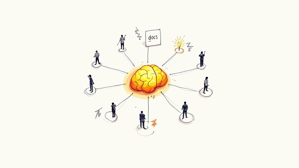 A central glowing brain connected by lines to people, a ‘docs’ sign, and an idea lightbulb.